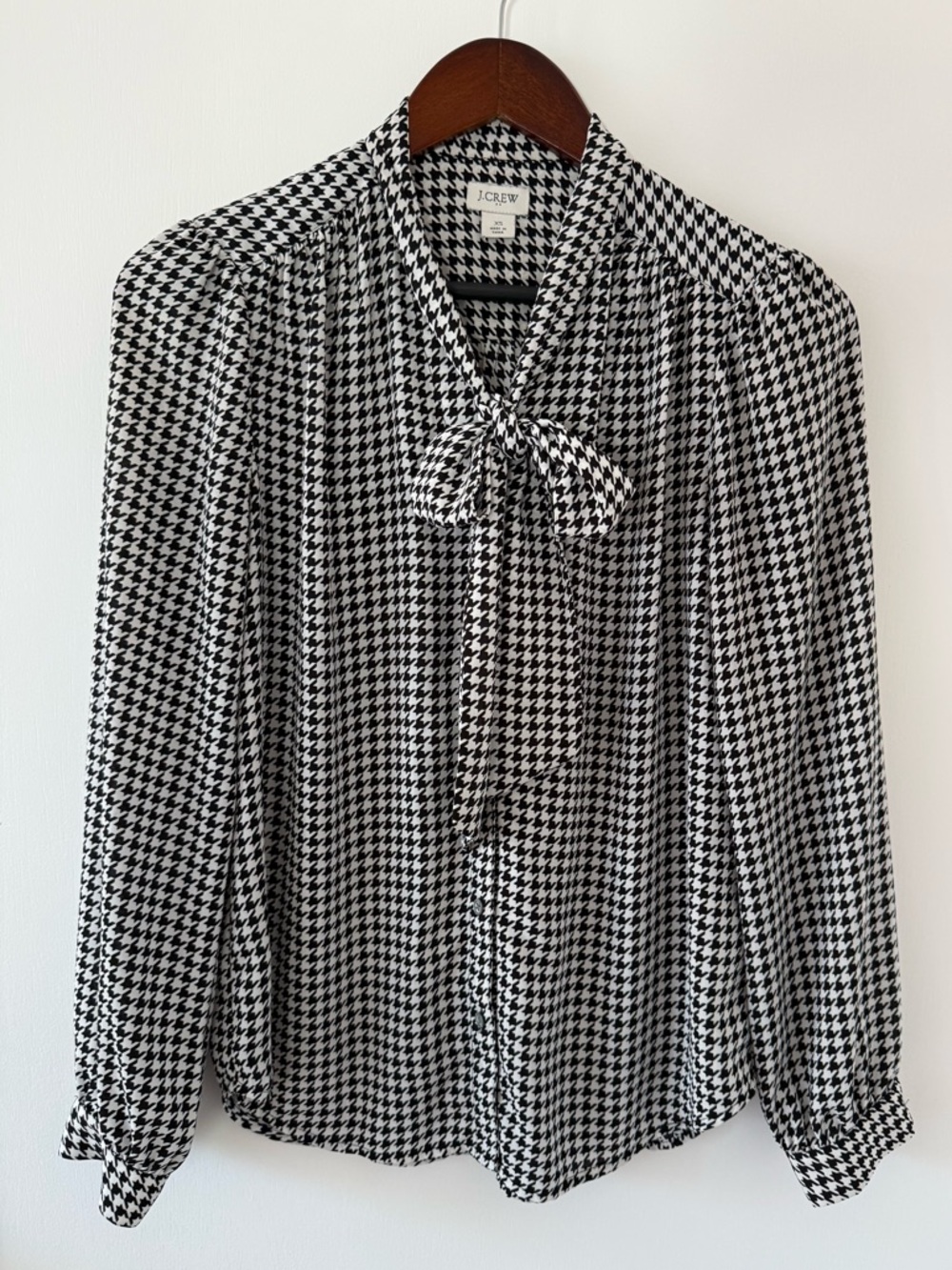 J.Crew Black White Houndstooth Tie Neck Blouse Career Chic Top